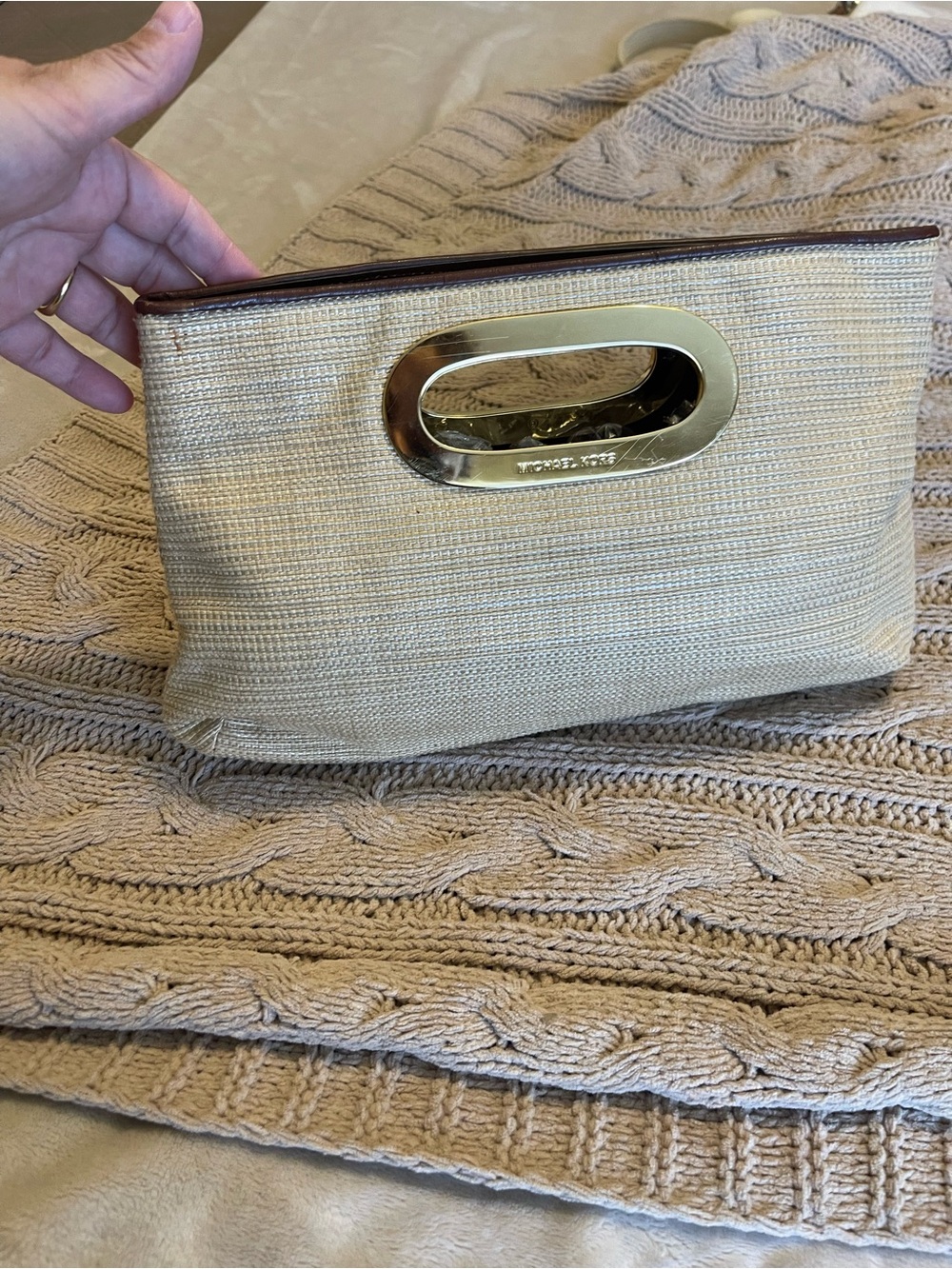 MICHAEL KORS Beige Woven Clutch with Gold Handle